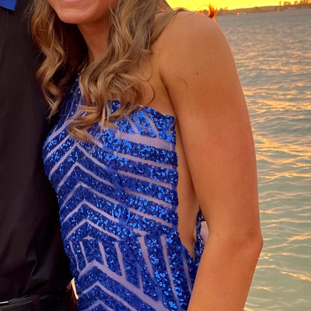 Jovani Royal Blue One-Shoulder Sequin Homecoming Dress - Picture 2 of 4